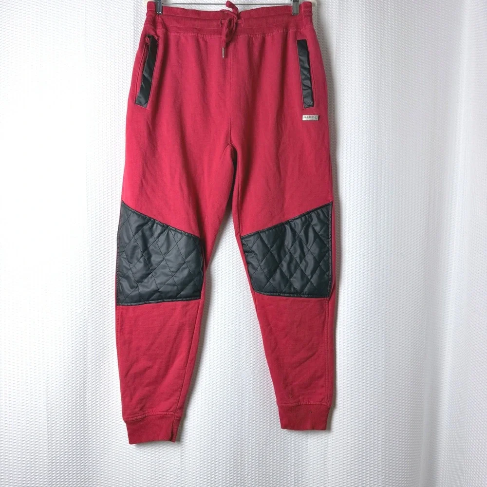 Parish Nation Joggers Men XL Red Streetwear Quilted Faux Leather Trim Moto Pants